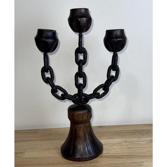 Iron Chain Carved Wood Bell Candle Holders Candelabra Gothic Medieval 13.5” - Picture 3 of 10